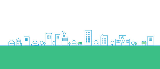 緑あふれる夏の街並みの背景イラスト　線画　シルエット　ベクター背景素材　SDGs　持続可能な