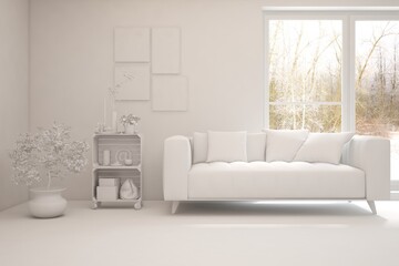 Mock up of stylish room in white color with sofa and winter landscape in window. Scandinavian interior design. 3D illustration