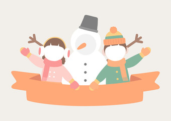 겨울 어린이와 눈사람 캐릭터 라벨 일러스트 이미지