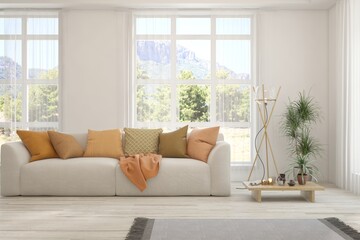 White living room with sofa and summer landscape in window. Scandinavian interior design. 3D illustration