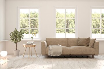 White living room with sofa and summer landscape in window. Scandinavian interior design. 3D illustration