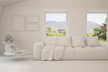 Mock up of stylish room in white color with sofa and green landscape in window. Scandinavian interior design. 3D illustration