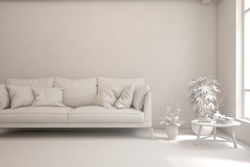 White minimalist living room with sofa. Scandinavian interior design. 3D illustration