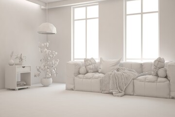 Mock up of minimalist living room in white color with sofa. Scandinavian interior design. 3D illustration