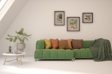 White living room with sofa. Scandinavian interior design. 3D illustration