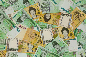 Korean banknotes background South Korea money.
