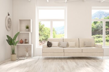 White living room with sofa and summer landscape in window. Scandinavian interior design. 3D illustration