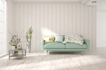 White living room with sofa. Scandinavian interior design. 3D illustration