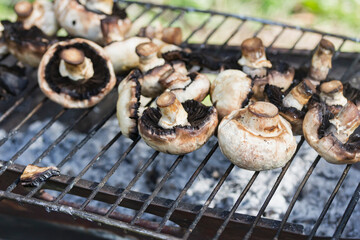 fresh champignons on the grill in the meadow