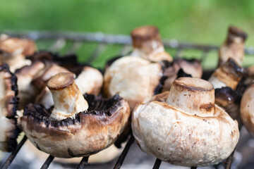 grilled mushrooms in a clearing, close-up