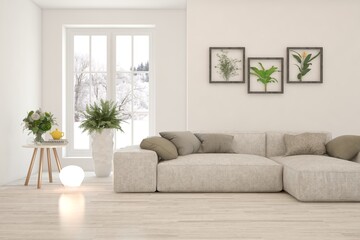 White living room with sofa. Scandinavian interior design. 3D illustration