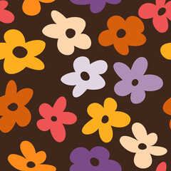 Obraz premium Colorful seamless pattern with vintage vector groovy flowers. Modern floral silhouettes. Retro abstract surface pattern design for textile print, stationery, wrapping paper