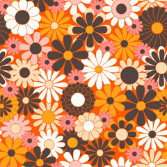 Retro abstract surface pattern design for textile print, stationery, wrapping paper. Colorful seamless pattern with vintage vector groovy flowers. Geometric floral silhouettes.