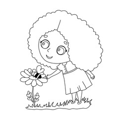 Vector black and white girl with flower and bumble bee illustration. Cute outline kid for coloring page isolated on white