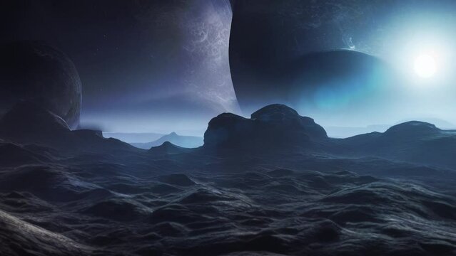 The surface of an alien planet landscape with rising moon and planets