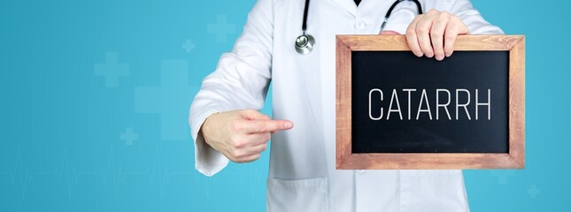 Catarrh. Doctor shows medical term on a sign/board