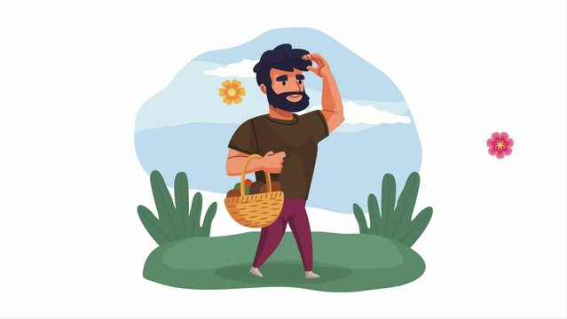 male traveler with food basket animation