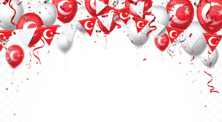 Red and white balloons with Turkish flag isolated on transparent background