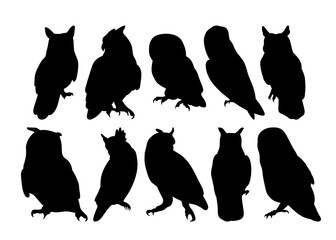 Owl illustrations isolated, silhouette template for laser, plotter cutting