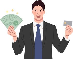 Businessman showing dollar bills and plastic credit card.