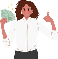 Businesswoman showing money cash dollars with hand gesure.