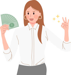 Businesswoman showing money cash dollars with hand gesure.