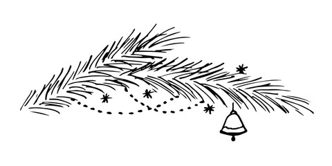 Hand drawn simple black outline vector drawing. Pine, fir branch, snowflakes and bell on a white background. For New Year holiday decor, Christmas design, postcard, label, invitation. Ink sketch.