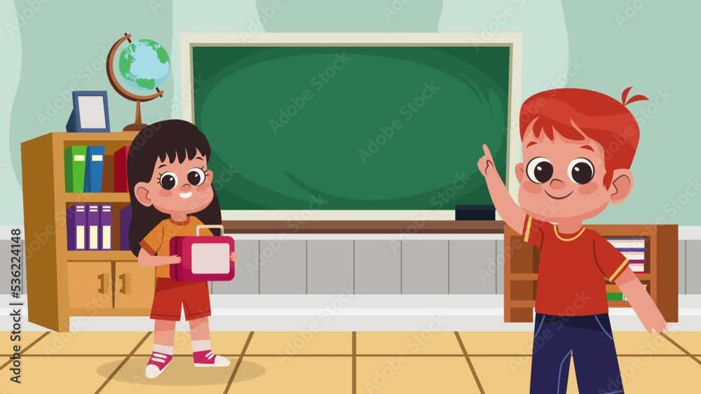 Sticker little school kids couple in classroom animation