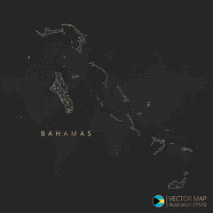 Bahamas map abstract geometric mesh polygonal light concept with black and white glowing contour lines countries and dots on dark background. Vector illustration