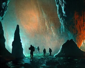 Wallpaper a group of adventurers camp on the edge of the underground in a giant massive cave, Generative AI