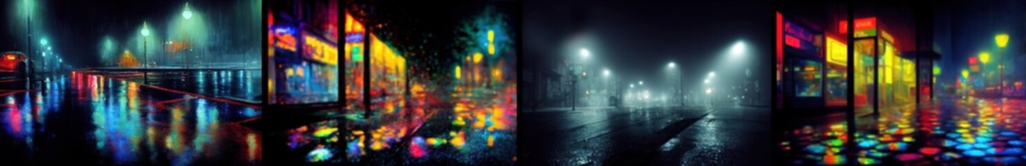 collection of blurred backgrounds on night rainy streets with neon lights on wet asphalt , Generative AI 