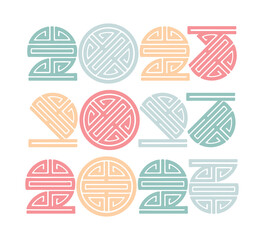 Set of vector multicolored numbers 2023 for poster, brochure, banner, ticket. Colored numbers with Chinese pattern isolated on white background. Happy new year 2023