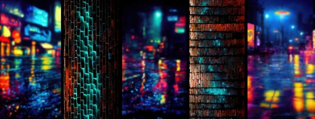 Wallpaper with stripes of a blurred  neon rainy night street and aged textured brick wall with neon blue bioluminescent paint, Generative AI 