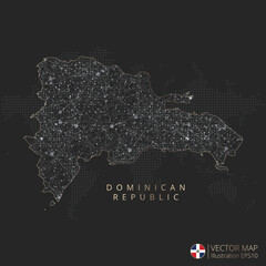 Dominican Republic map abstract geometric mesh polygonal light concept with black and white glowing contour lines countries and dots on dark background. Vector illustration
