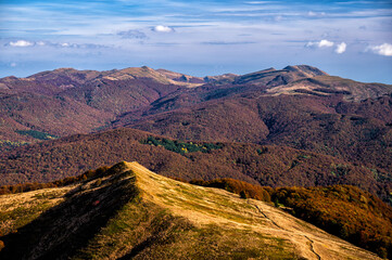 Burst of autumn colors in the mountains. Bieszczady National Park, Carpathians, Poland.