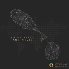 Saint Kitts and Nevis map abstract geometric mesh polygonal light concept with black and white glowing contour lines countries and dots on dark background. Vector illustration