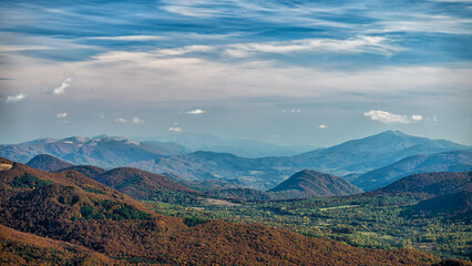 Fototapeta premium Burst of autumn colors in the mountains, Bieszczady Mountains, Carpathians, Poland and Ukraine.