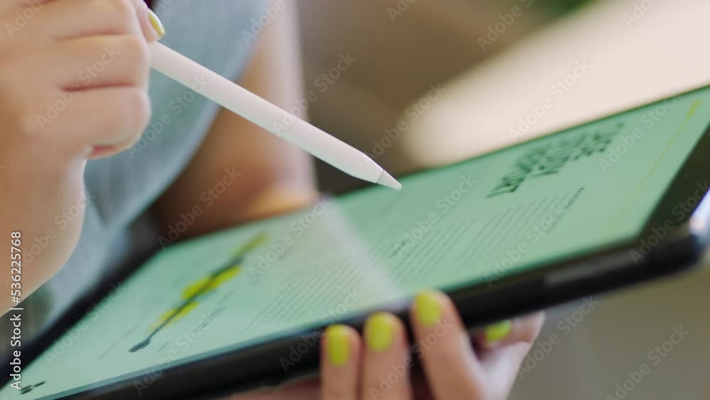 Aufkleber Hand, pen and data on tablet screen working at the office scrolling for business information or research. Hands of employee in analytics at work on touchscreen technology browsing UI, UX or app