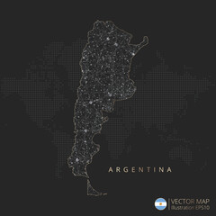 Argentina map abstract geometric mesh polygonal light concept with black and white glowing contour lines countries and dots on dark background. Vector illustration