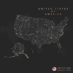 United States of America map abstract geometric mesh polygonal light concept with black and white glowing contour lines countries and dots on dark background. Vector illustration
