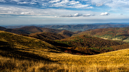 Burst of autumn colors in the mountains. Polonina Carynska, Bieszczady National Park, Carpathians, Poland.