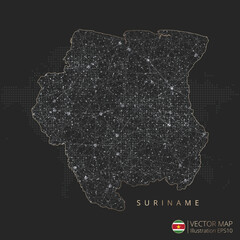 Suriname map abstract geometric mesh polygonal light concept with black and white glowing contour lines countries and dots on dark background. Vector illustration