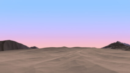 Fototapeta na wymiar Sandy desert and mountains in blur. Abstract desert with mountains landscape.3D render.