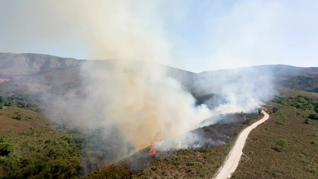 Drone view Forest fire in the cerrado biome with transition of the Atlantic Forest in the buffer zone of the Serra da Canastra National Park