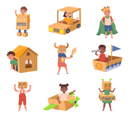 Kids with costumes from cardboard boxes vector illustrations set. Creative cartoon boys and girls, child in cardboard boat isolated on white background. Childhood, imagination, leisure concept