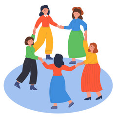 Female cartoon characters dancing in circle while holding hands. Women doing round dance together flat vector illustration. Friendship, communication, feminism concept for banner or landing web page