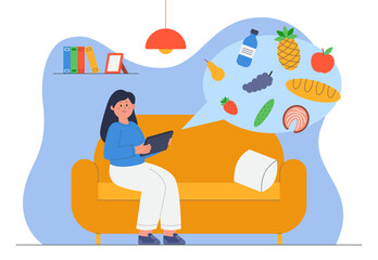 Happy woman ordering food products via app on tablet. Girl grocery shopping in online stope flat vector illustration. Food delivery, technology concept for banner, website design or landing web page