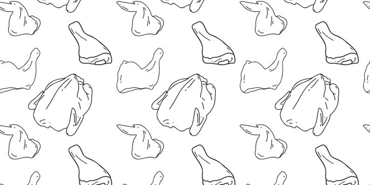 Seamless pattern fresh chicken meat, thigh, leg, wing on a white background. Doodle or hand drawn vector illustration