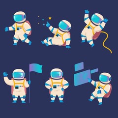 Astronaut character exploring outer space set. Vector illustrations of spaceman in motion poses. Cartoon cosmonaut in spacesuit and helmet holding flag, flying. Mission in galaxy, adventure concept