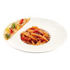 Portion of gourmet spicy penne pasta